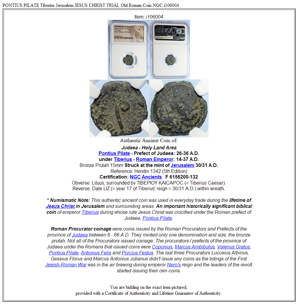 PONTIUS PILATE Tiberius Jerusalem JESUS CHRIST TRIAL Old Roman Coin NGC i106004