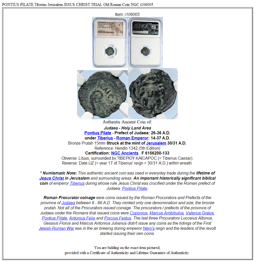 PONTIUS PILATE Tiberius Jerusalem JESUS CHRIST TRIAL Old Roman Coin NGC i106005