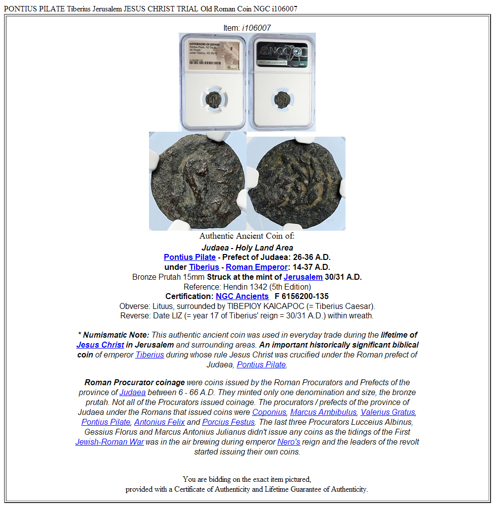 PONTIUS PILATE Tiberius Jerusalem JESUS CHRIST TRIAL Old Roman Coin NGC i106007