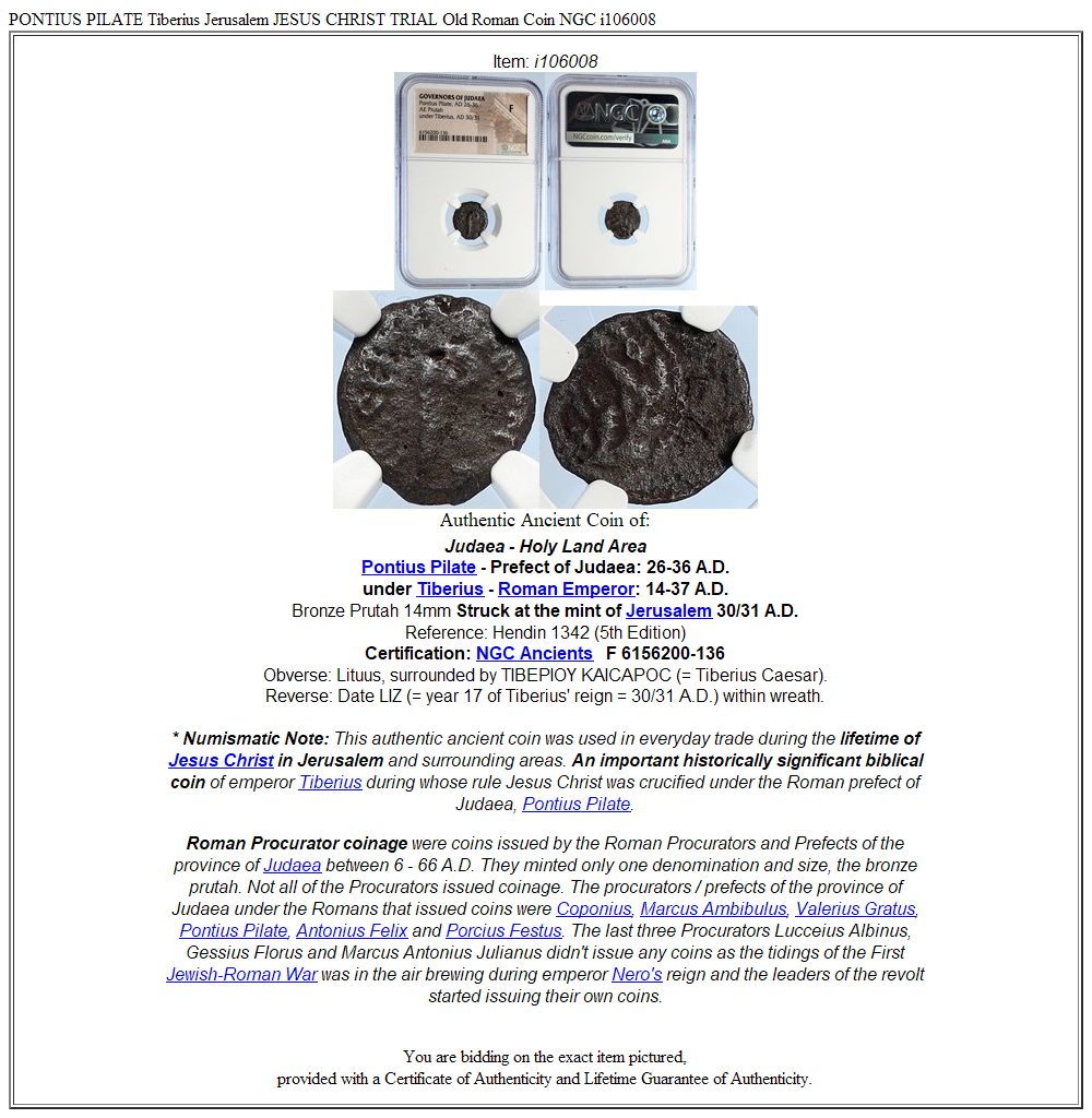 PONTIUS PILATE Tiberius Jerusalem JESUS CHRIST TRIAL Old Roman Coin NGC i106008