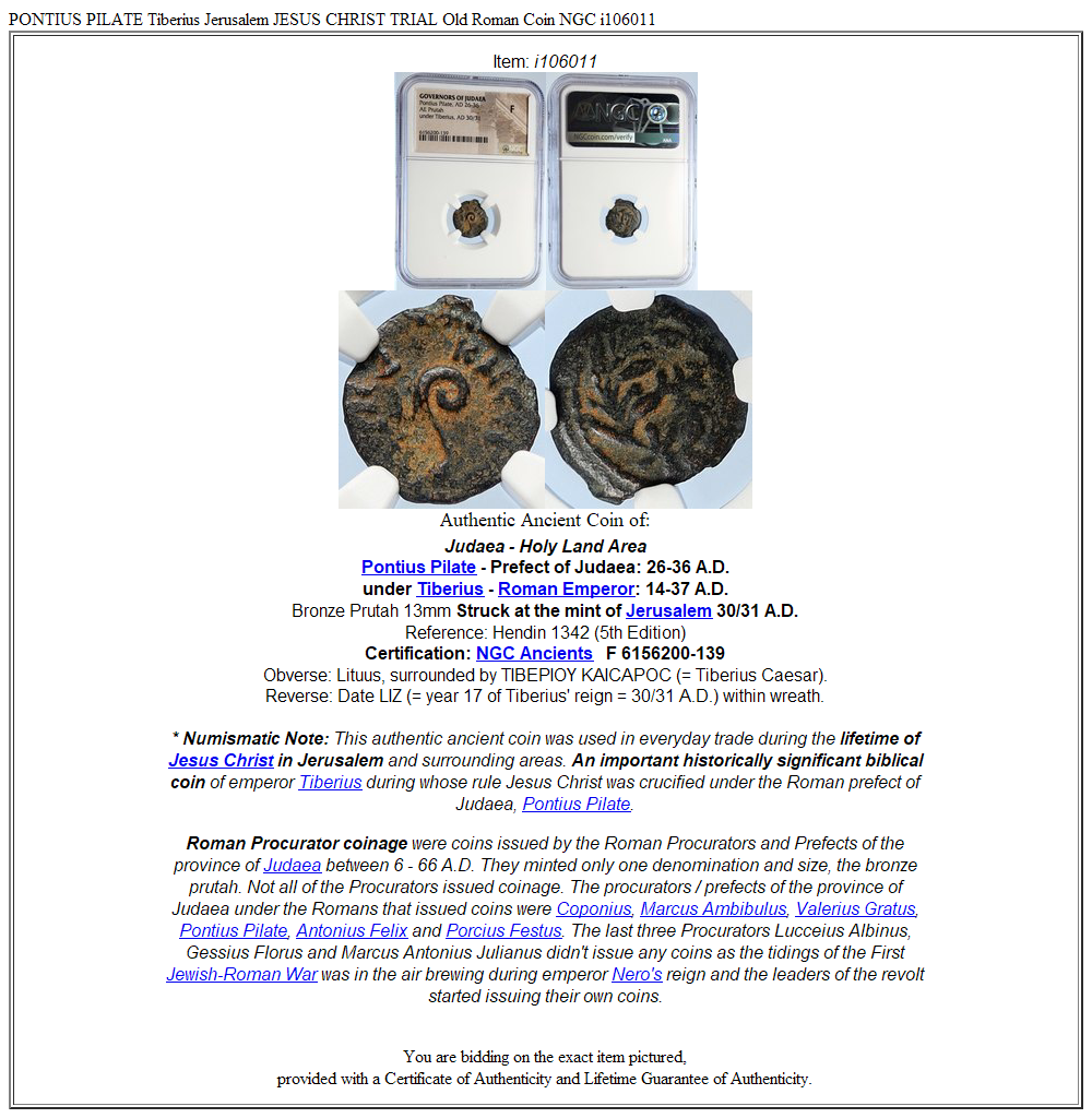 PONTIUS PILATE Tiberius Jerusalem JESUS CHRIST TRIAL Old Roman Coin NGC i106011