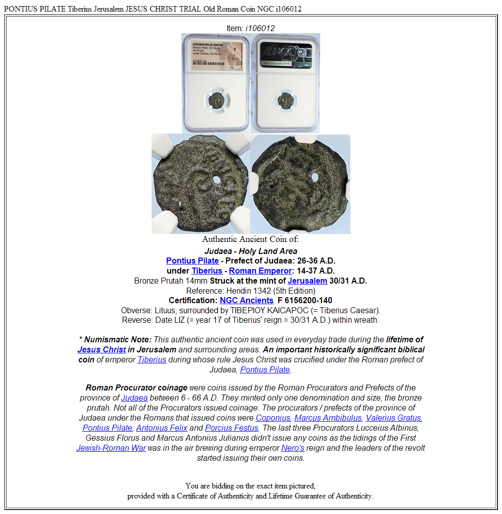 PONTIUS PILATE Tiberius Jerusalem JESUS CHRIST TRIAL Old Roman Coin NGC i106012