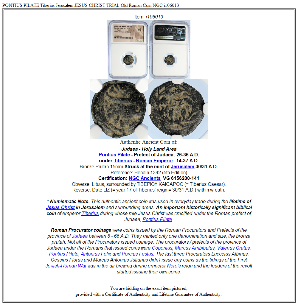 PONTIUS PILATE Tiberius Jerusalem JESUS CHRIST TRIAL Old Roman Coin NGC i106013