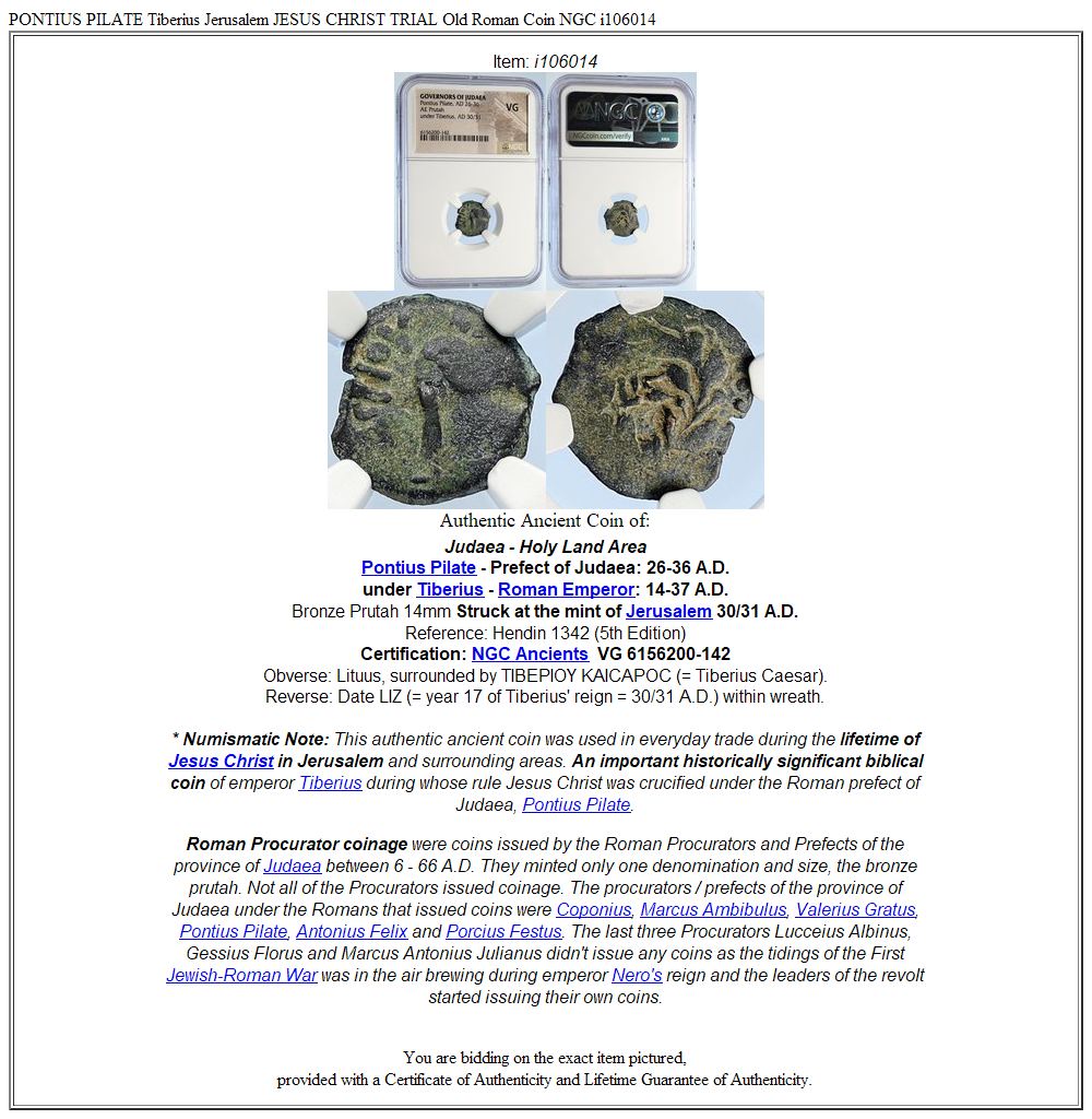 PONTIUS PILATE Tiberius Jerusalem JESUS CHRIST TRIAL Old Roman Coin NGC i106014