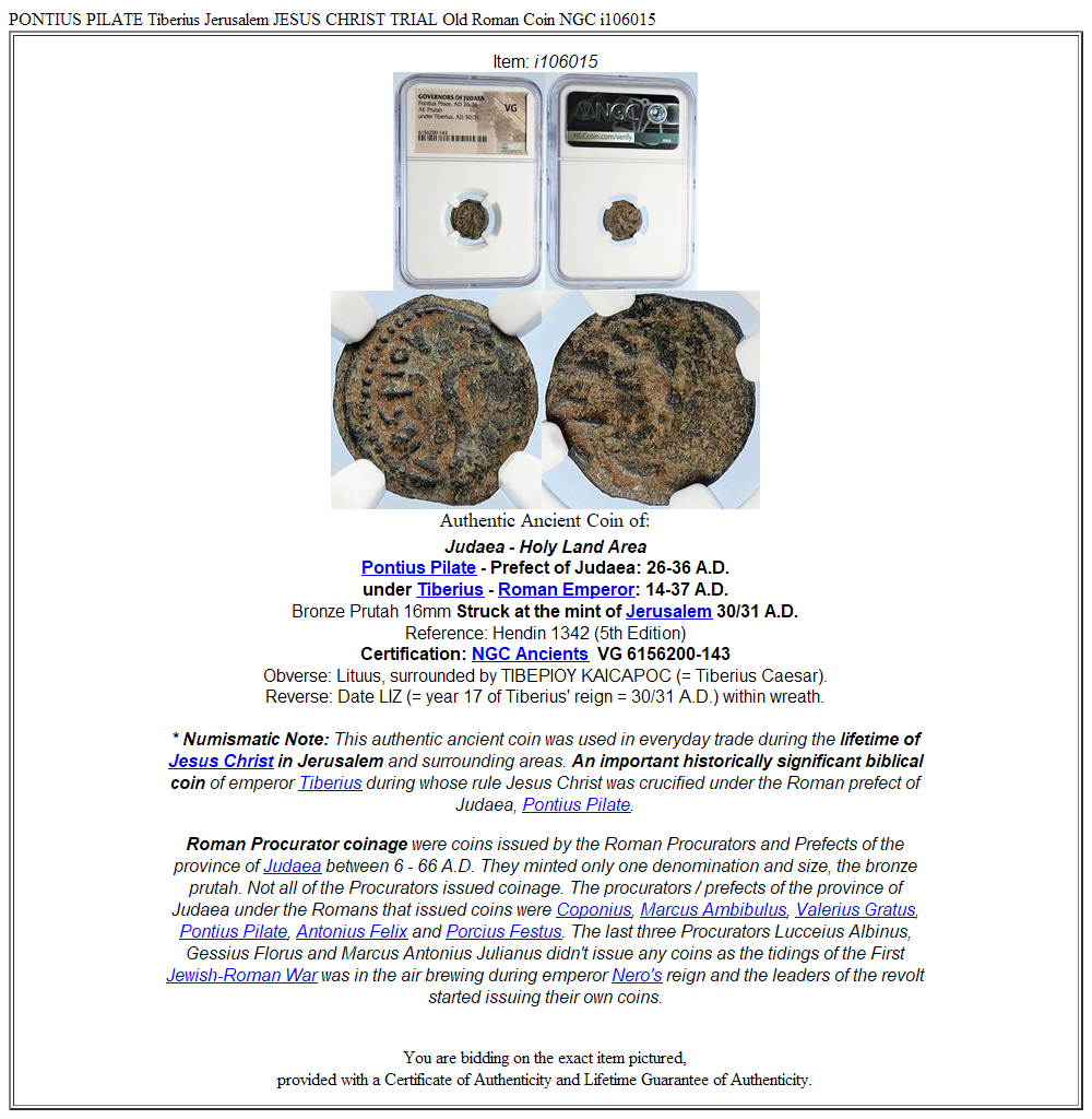 PONTIUS PILATE Tiberius Jerusalem JESUS CHRIST TRIAL Old Roman Coin NGC i106015