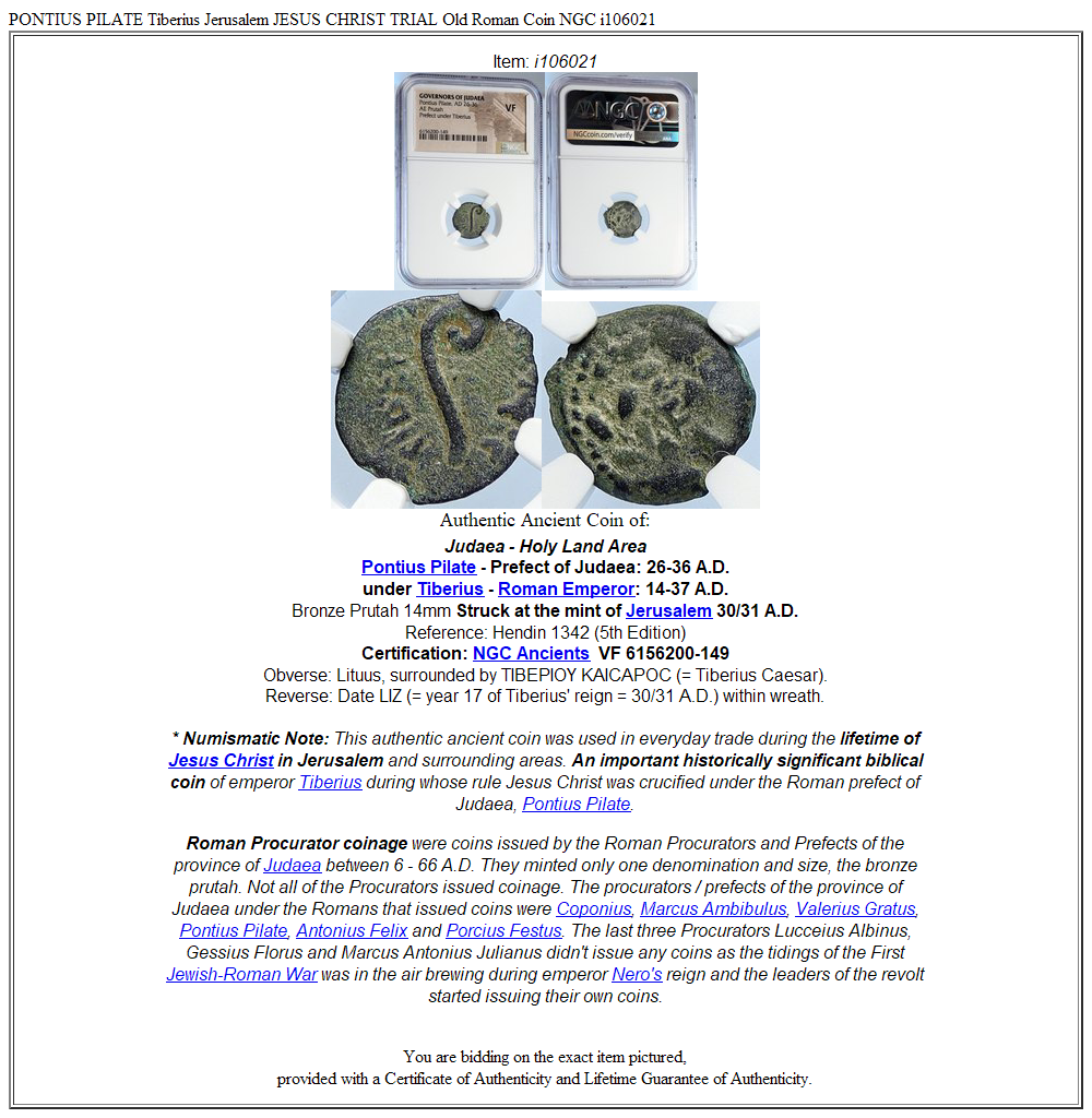 PONTIUS PILATE Tiberius Jerusalem JESUS CHRIST TRIAL Old Roman Coin NGC i106021