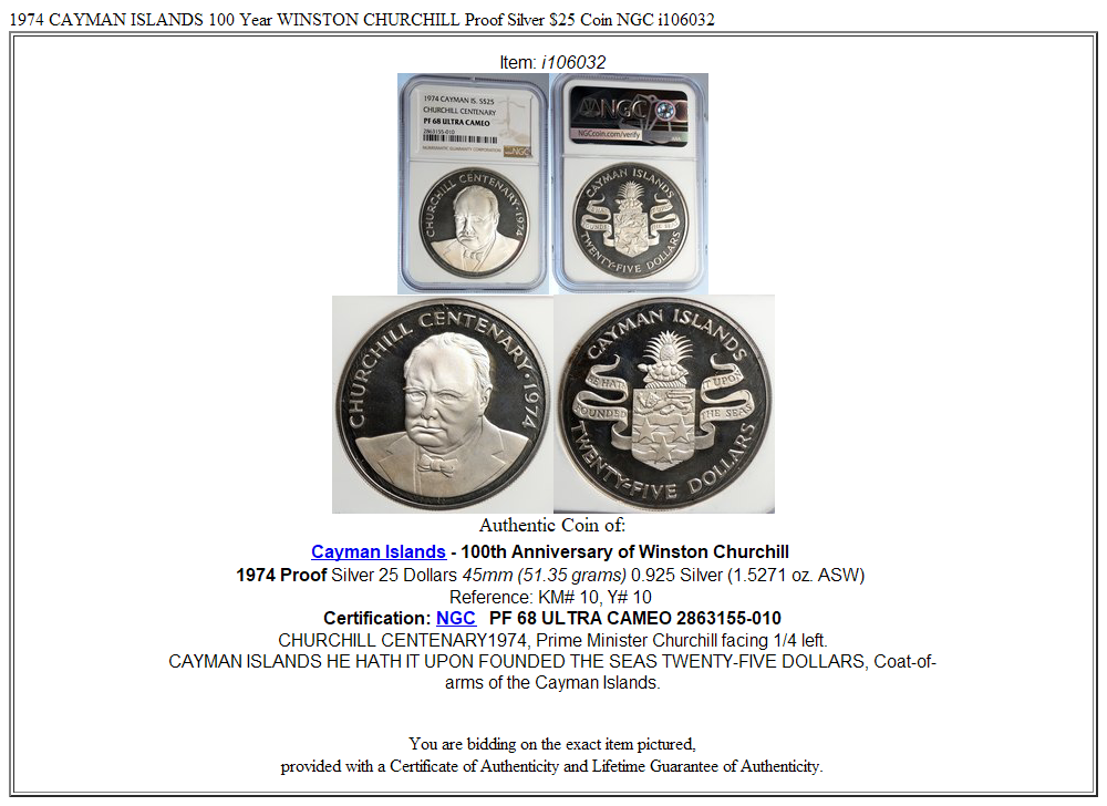 1974 CAYMAN ISLANDS 100 Year WINSTON CHURCHILL Proof Silver $25 Coin NGC i106032