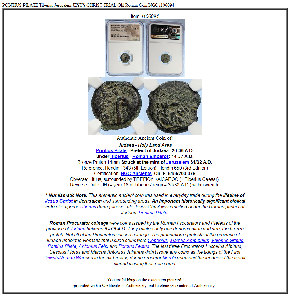 PONTIUS PILATE Tiberius Jerusalem JESUS CHRIST TRIAL Old Roman Coin NGC i106094