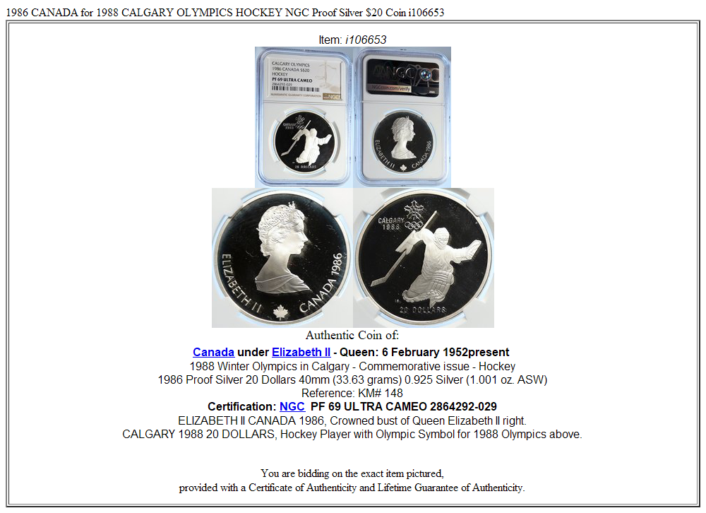 1986 CANADA for 1988 CALGARY OLYMPICS HOCKEY NGC Proof Silver $20 Coin i106653