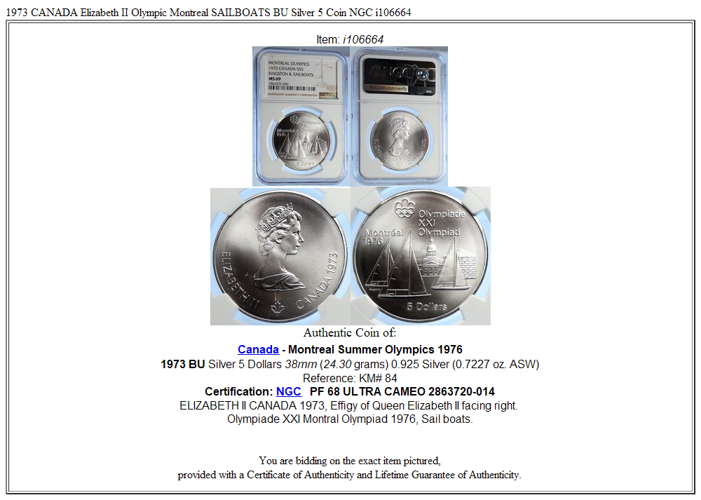 1973 CANADA Elizabeth II Olympic Montreal SAILBOATS BU Silver 5 Coin NGC i106664