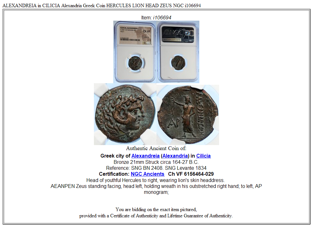 ALEXANDREIA in CILICIA Alexandria Greek Coin HERCULES LION HEAD ZEUS NGC i106694