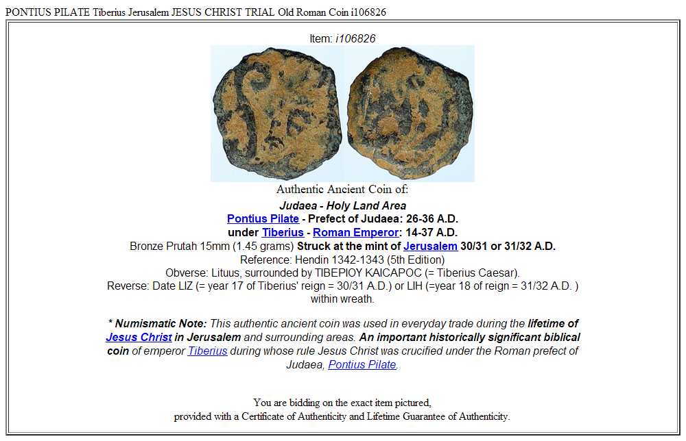 PONTIUS PILATE Tiberius Jerusalem JESUS CHRIST TRIAL Old Roman Coin i106826