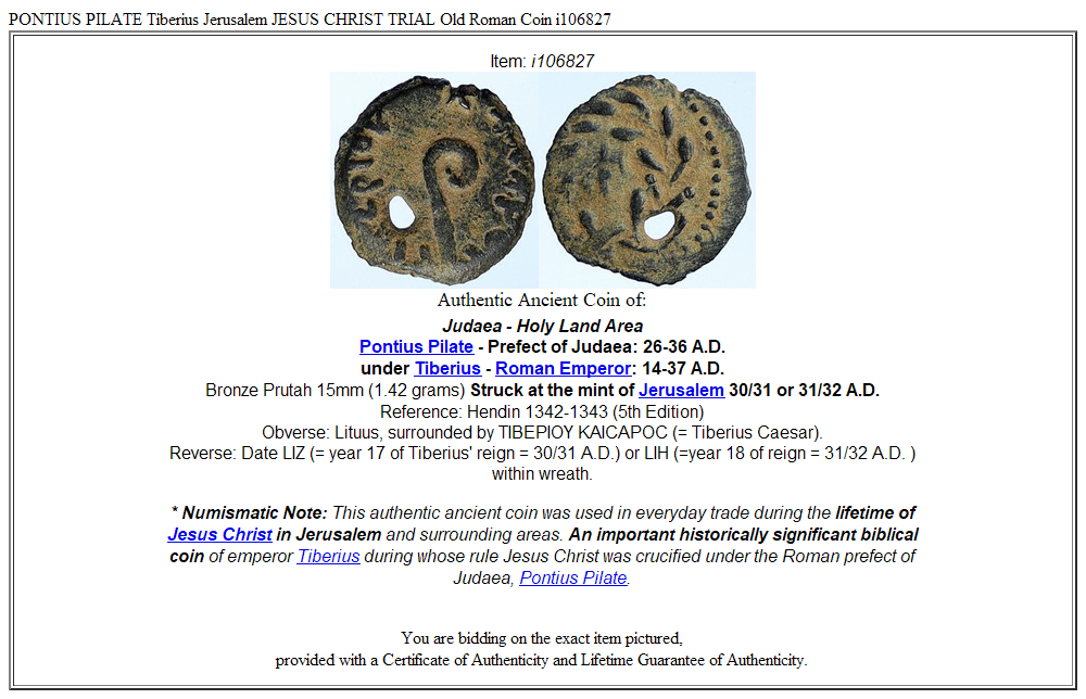 PONTIUS PILATE Tiberius Jerusalem JESUS CHRIST TRIAL Old Roman Coin i106827