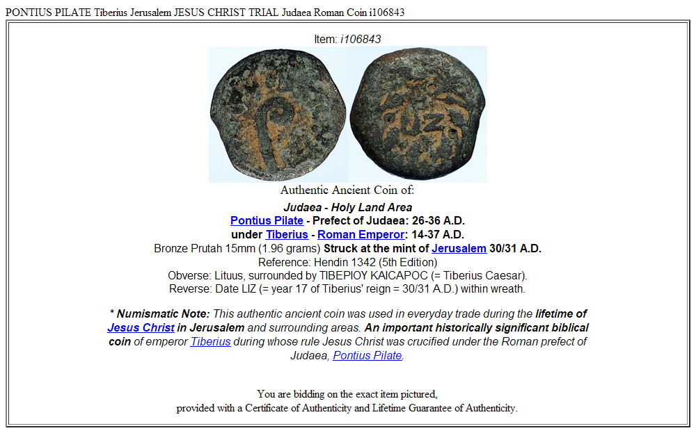 PONTIUS PILATE Tiberius Jerusalem JESUS CHRIST TRIAL Judaea Roman Coin i106843