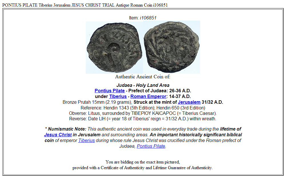 PONTIUS PILATE Tiberius Jerusalem JESUS CHRIST TRIAL Antique Roman Coin i106851