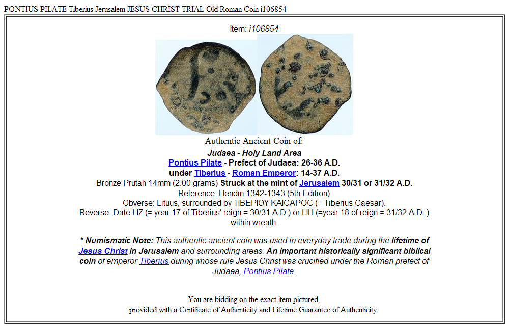 PONTIUS PILATE Tiberius Jerusalem JESUS CHRIST TRIAL Old Roman Coin i106854