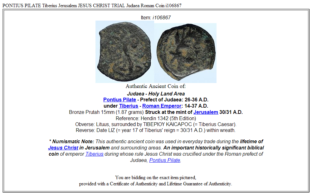 PONTIUS PILATE Tiberius Jerusalem JESUS CHRIST TRIAL Judaea Roman Coin i106867