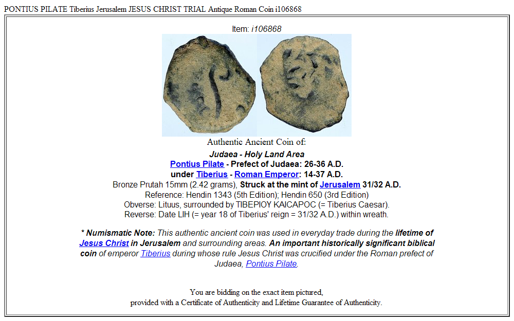 PONTIUS PILATE Tiberius Jerusalem JESUS CHRIST TRIAL Antique Roman Coin i106868
