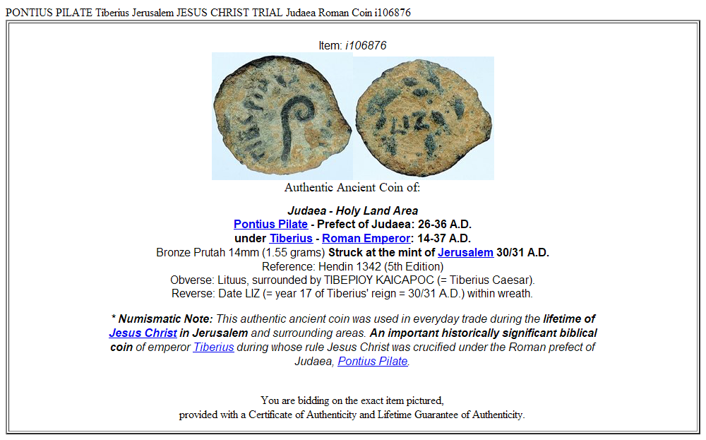 PONTIUS PILATE Tiberius Jerusalem JESUS CHRIST TRIAL Judaea Roman Coin i106876