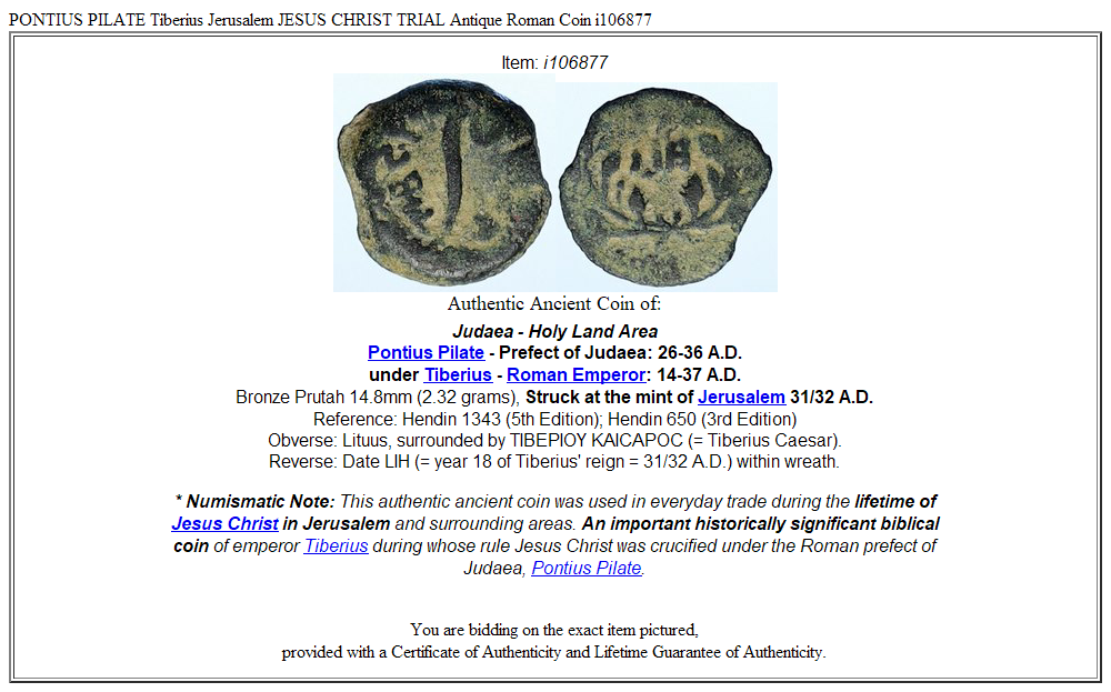 PONTIUS PILATE Tiberius Jerusalem JESUS CHRIST TRIAL Antique Roman Coin i106877