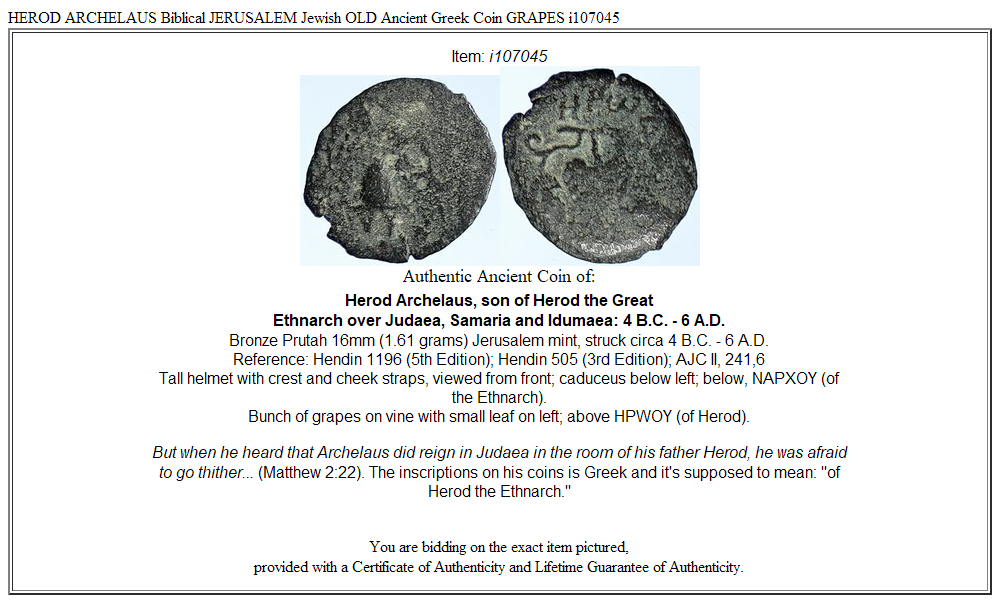 HEROD ARCHELAUS Biblical JERUSALEM Jewish OLD Ancient Greek Coin GRAPES i107045