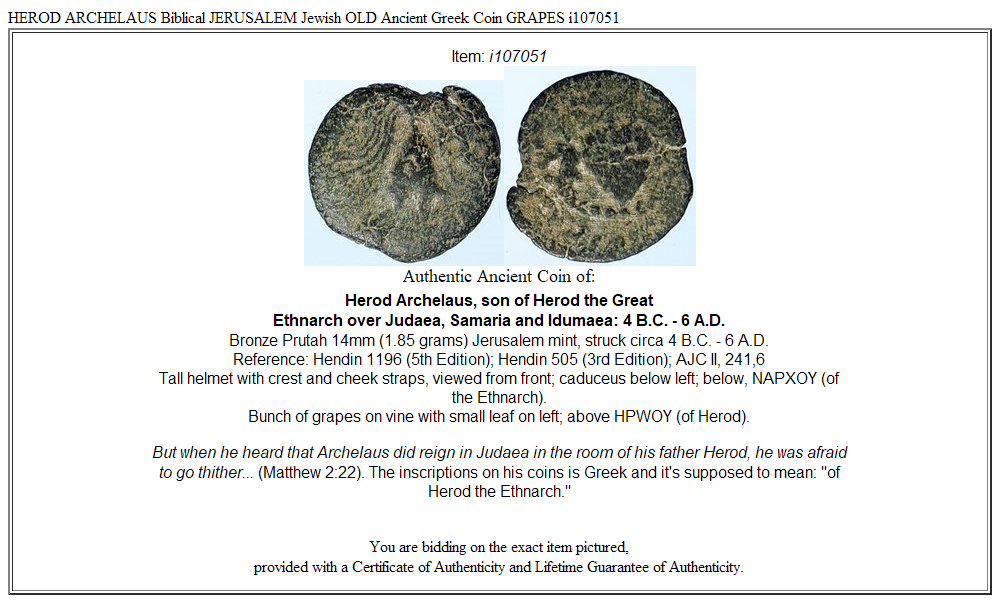 HEROD ARCHELAUS Biblical JERUSALEM Jewish OLD Ancient Greek Coin GRAPES i107051