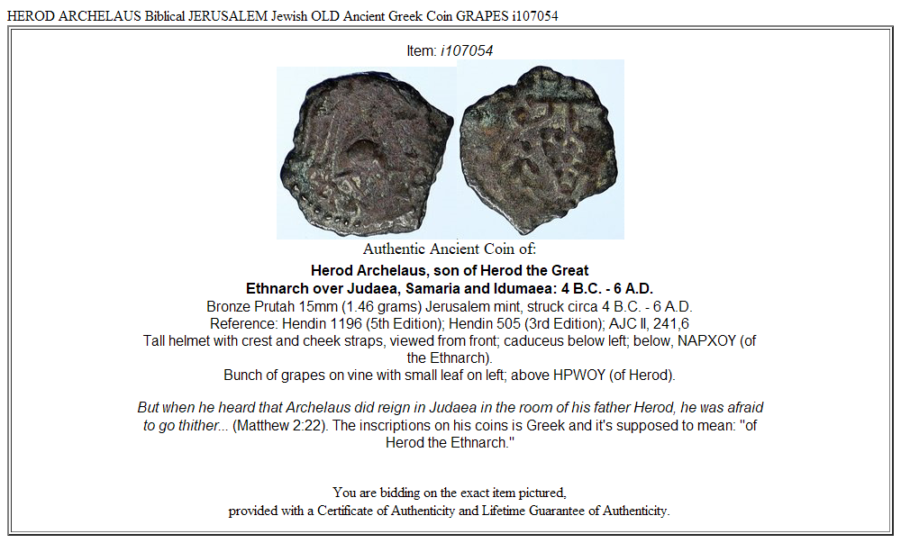 HEROD ARCHELAUS Biblical JERUSALEM Jewish OLD Ancient Greek Coin GRAPES i107054