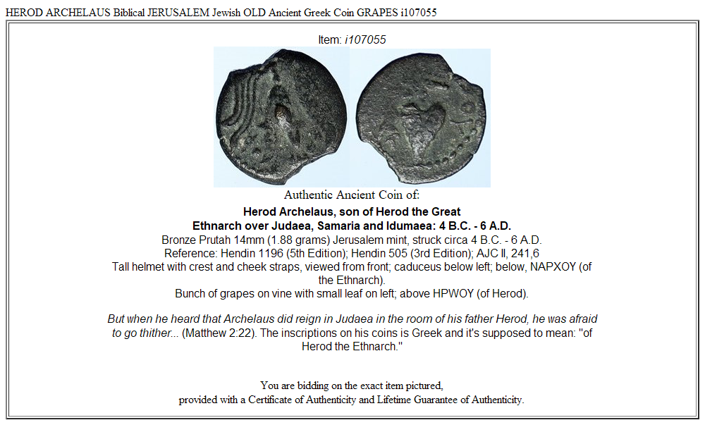 HEROD ARCHELAUS Biblical JERUSALEM Jewish OLD Ancient Greek Coin GRAPES i107055