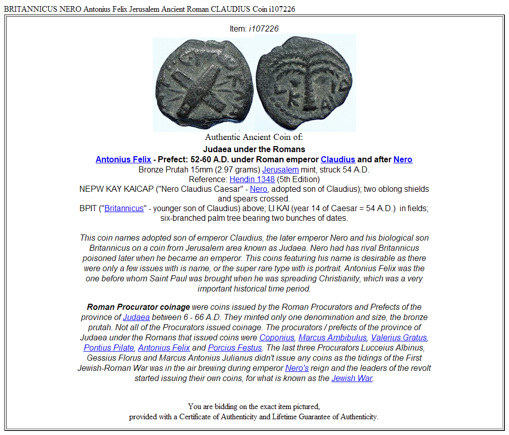 BRITANNICUS NERO Antonius Felix Jerusalem Ancient Roman CLAUDIUS Coin i107226