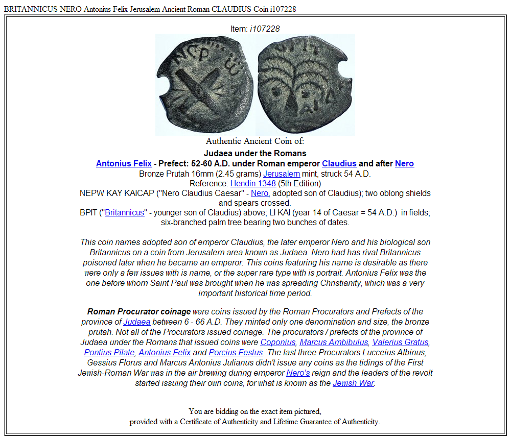 BRITANNICUS NERO Antonius Felix Jerusalem Ancient Roman CLAUDIUS Coin i107228