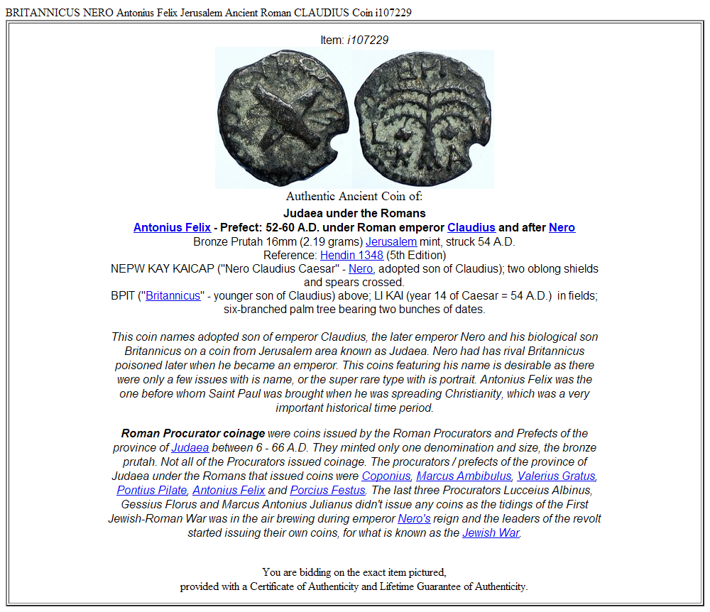 BRITANNICUS NERO Antonius Felix Jerusalem Ancient Roman CLAUDIUS Coin i107229