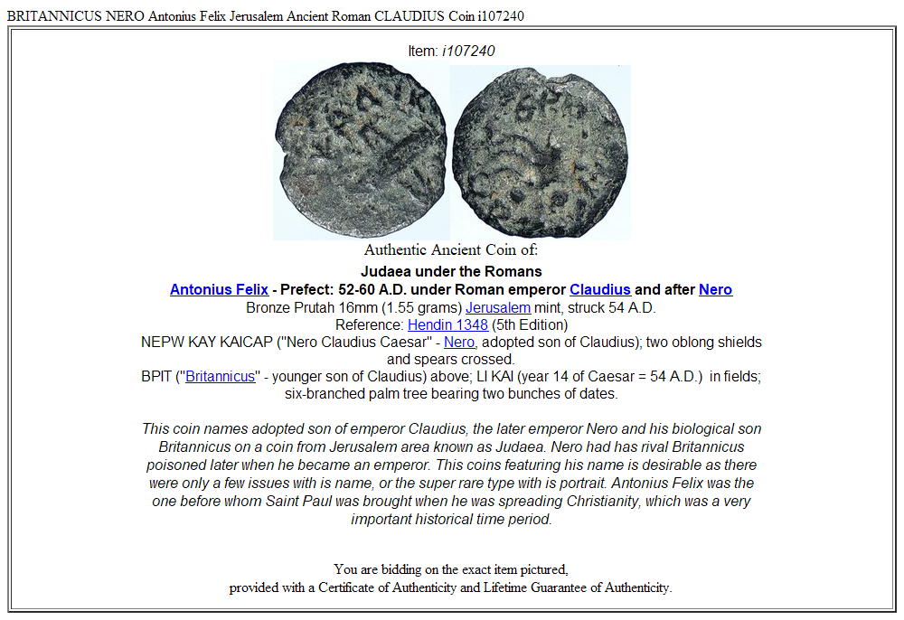 BRITANNICUS NERO Antonius Felix Jerusalem Ancient Roman CLAUDIUS Coin i107240