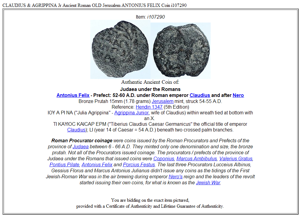 CLAUDIUS & AGRIPPINA Jr Ancient Roman OLD Jerusalem ANTONIUS FELIX Coin i107290