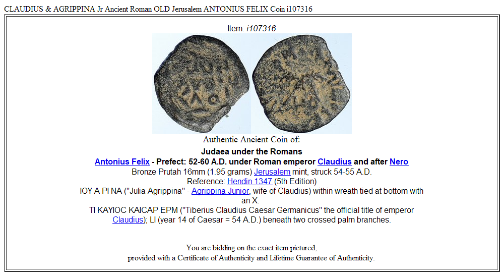 CLAUDIUS & AGRIPPINA Jr Ancient Roman OLD Jerusalem ANTONIUS FELIX Coin i107316