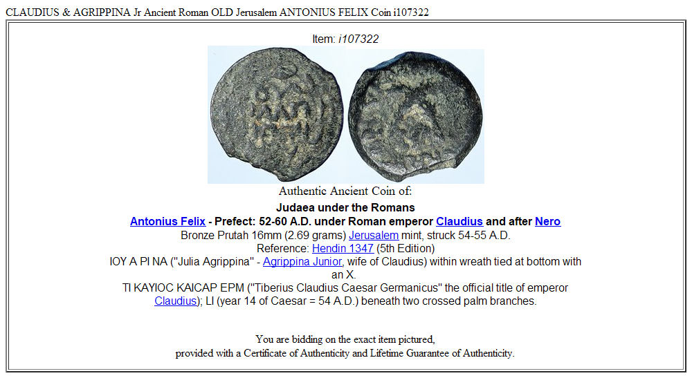 CLAUDIUS & AGRIPPINA Jr Ancient Roman OLD Jerusalem ANTONIUS FELIX Coin i107322