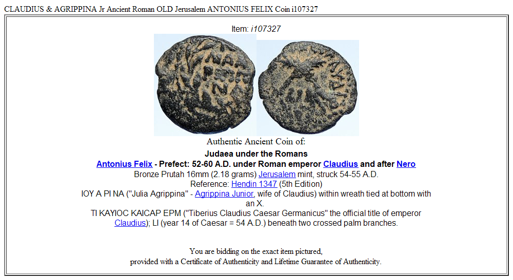 CLAUDIUS & AGRIPPINA Jr Ancient Roman OLD Jerusalem ANTONIUS FELIX Coin i107327