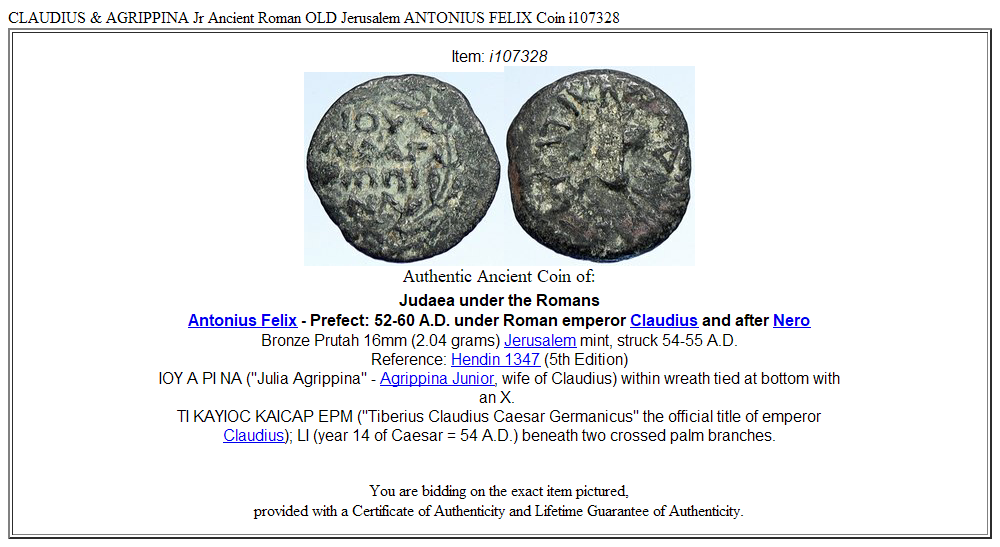 CLAUDIUS & AGRIPPINA Jr Ancient Roman OLD Jerusalem ANTONIUS FELIX Coin i107328