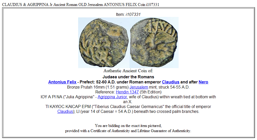 CLAUDIUS & AGRIPPINA Jr Ancient Roman OLD Jerusalem ANTONIUS FELIX Coin i107331