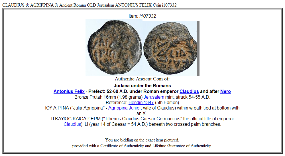 CLAUDIUS & AGRIPPINA Jr Ancient Roman OLD Jerusalem ANTONIUS FELIX Coin i107332