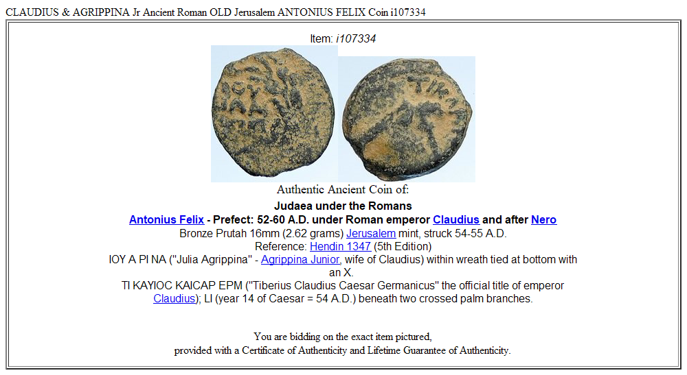 CLAUDIUS & AGRIPPINA Jr Ancient Roman OLD Jerusalem ANTONIUS FELIX Coin i107334