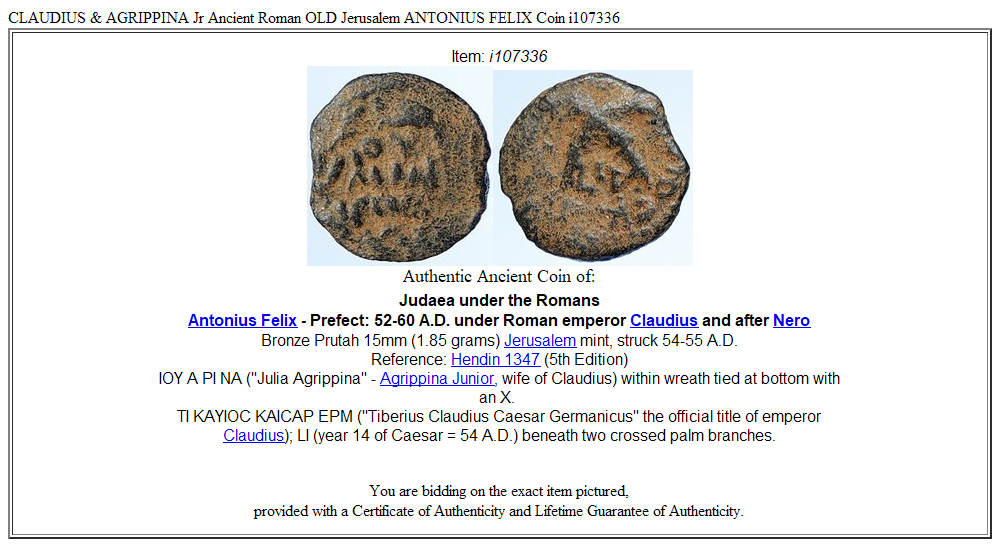 CLAUDIUS & AGRIPPINA Jr Ancient Roman OLD Jerusalem ANTONIUS FELIX Coin i107336