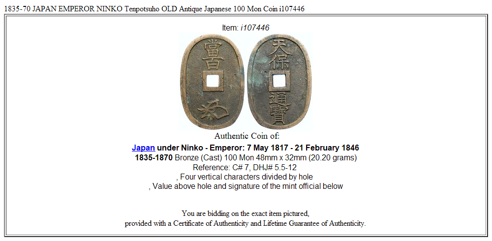 1835-70 JAPAN EMPEROR NINKO Tenpotsuho OLD Antique Japanese 100 Mon Coin i107446