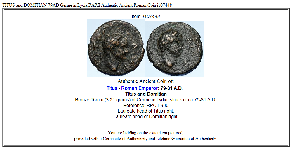 TITUS and DOMITIAN 79AD Germe in Lydia RARE Authentic Ancient Roman Coin i107448