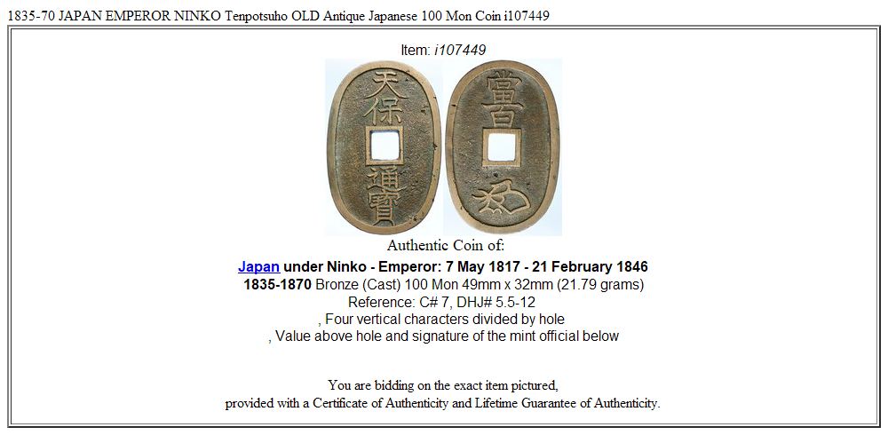 1835-70 JAPAN EMPEROR NINKO Tenpotsuho OLD Antique Japanese 100 Mon Coin i107449