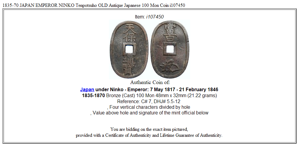 1835-70 JAPAN EMPEROR NINKO Tenpotsuho OLD Antique Japanese 100 Mon Coin i107450