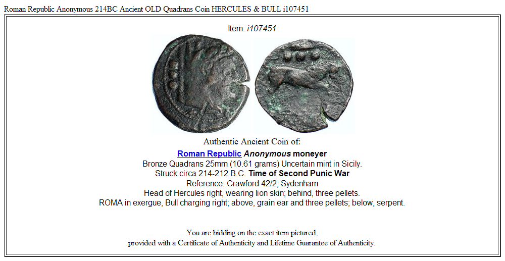 Roman Republic Anonymous 214BC Ancient OLD Quadrans Coin HERCULES & BULL i107451