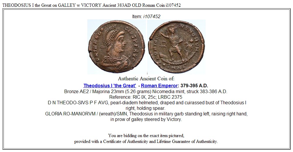 THEODOSIUS I the Great on GALLEY w VICTORY Ancient 383AD OLD Roman Coin i107452