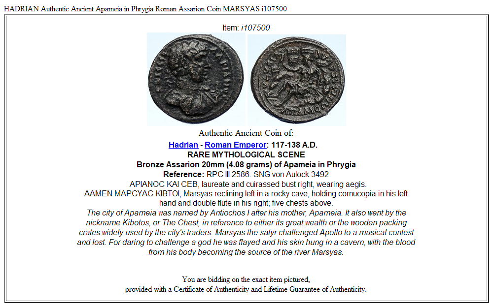 HADRIAN Authentic Ancient Apameia in Phrygia Roman Assarion Coin MARSYAS i107500