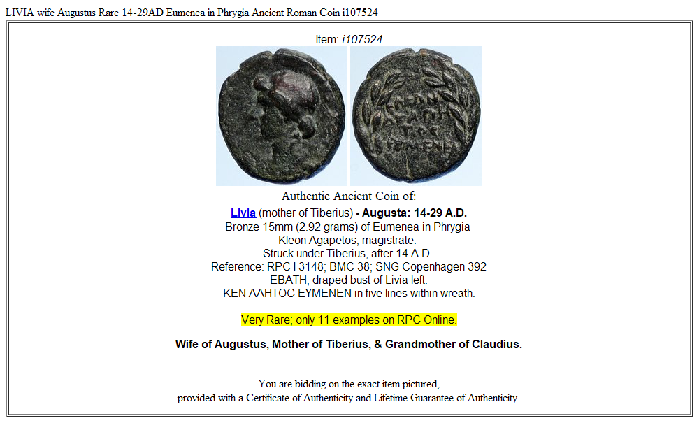 LIVIA wife Augustus Rare 14-29AD Eumenea in Phrygia Ancient Roman Coin i107524