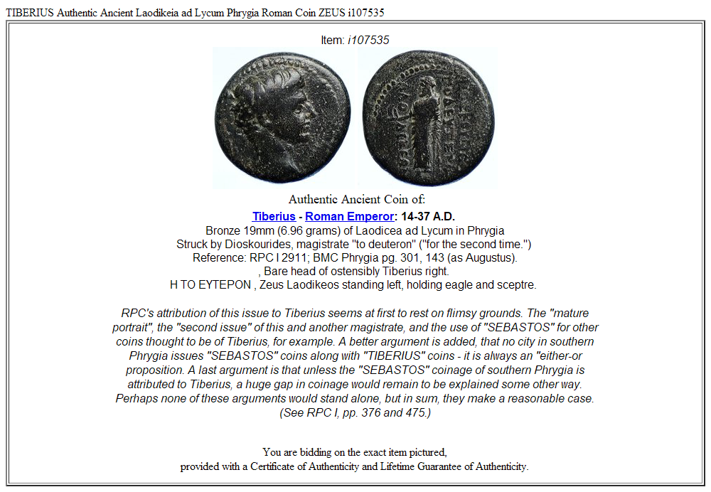 TIBERIUS Authentic Ancient Laodikeia ad Lycum Phrygia Roman Coin ZEUS i107535